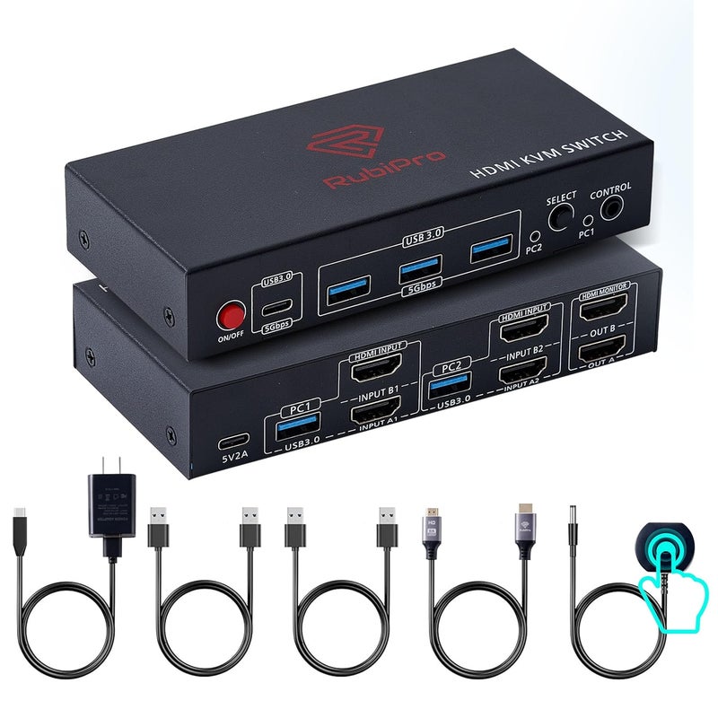RubiPro HDMI KVM Switch 2 Monitors 2 Computers – Dual Display 8K@60Hz, 4K@120Hz, USB 3.0 Fast Data Transfer, Plug & Play for Windows/Mac/Linux with an Additional 8K HDMI Cable - Image 1